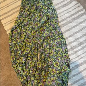 Anthropologie Lime Green & Pink Paisley Tiered Pants